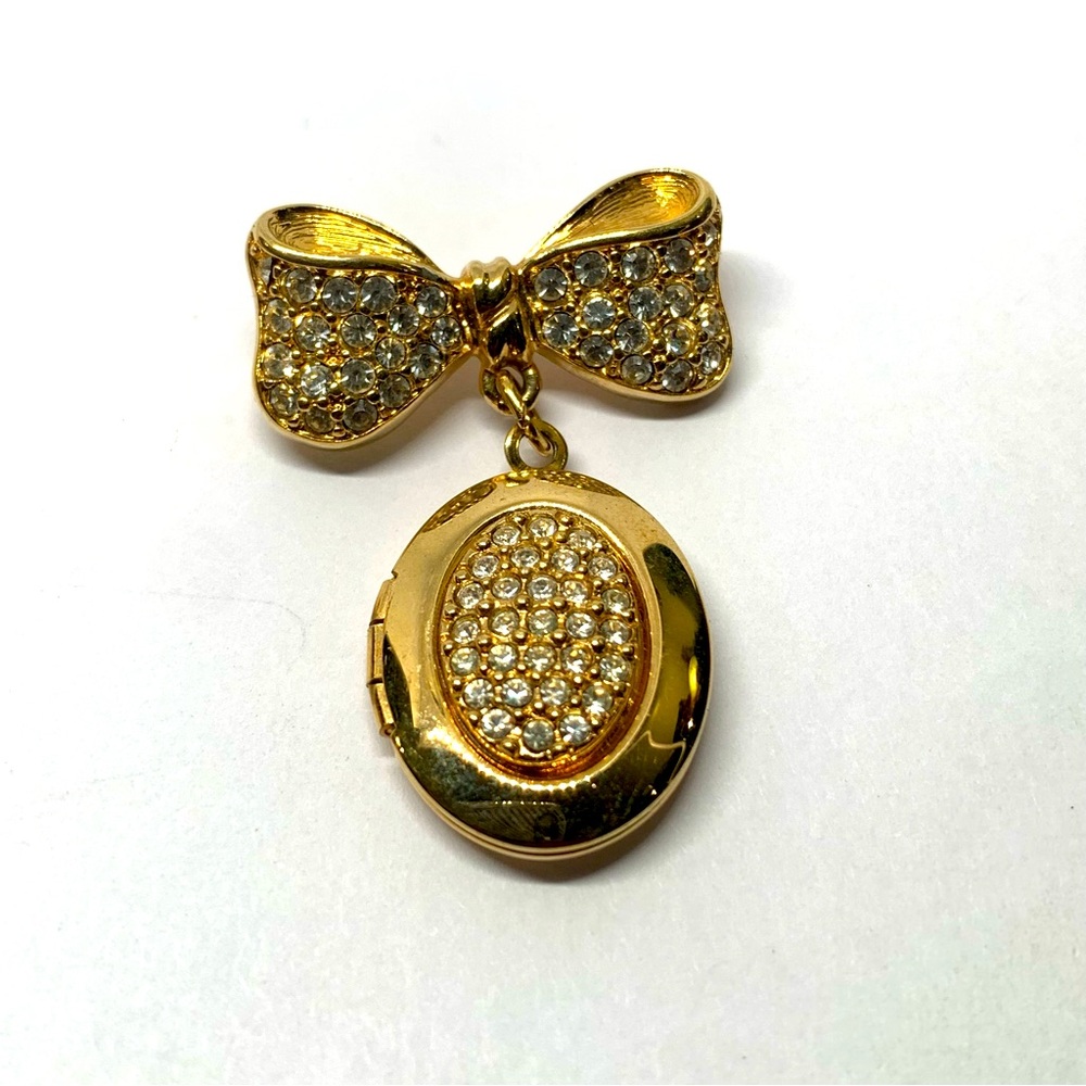 Gold Crystal Bow Locket Brooch - Women Jewelry